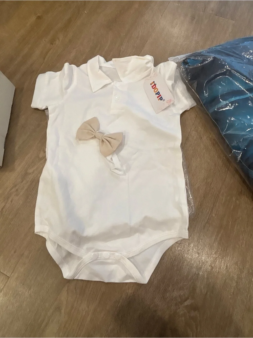 Beige Kids Suspender Short Set with White Polo and Bow